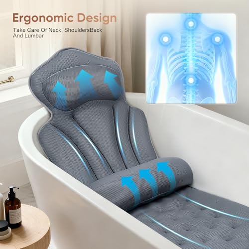 LIFEJXWEN Badewannenkissen mit EXTRA Lendenkissen · 144 Saugnäpfe (12x mehr Halt!) · 4D Weiches Badekissen Set mit Kopfstütze & Abnehmbarem Zusatzkissen · 133x41 cm · Inkl. Waschbeutel (Grau)