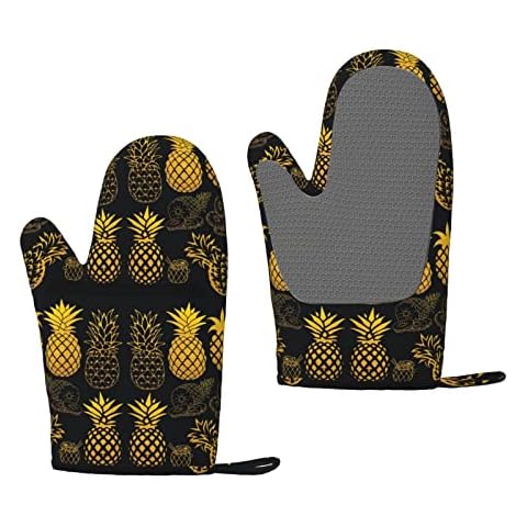 NELife Pineapple Oven Mitts and Pot Holders Sets of 4,Resistant Hot Pads with Recycled Infill Silicone Non-Slip BBQ Gloves for Kitchen,Cooking,Baking,Grilling Cover