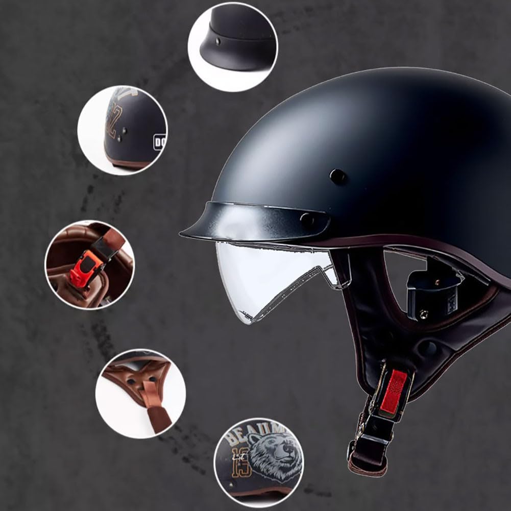 Bols Demi-Casque Jet Vintage Rétro ECE Homologué Casque Ouvert De Moto pour Hommes Et Femmes Casquette Unisexe pour Vélo Scooter ATV UTV Skateboard Black M~XXL