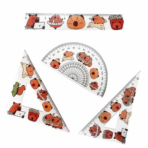 Capybara Lineal Set 4 Stück – Geometrie Set mit Gerade Dreieckig Winkelmesser Geometriewerkzeug Mathematik, Robustes Zeichenset für Schule Büro Kinder, Süßes Cartoon-Motiv, Praktisch und Langlebig