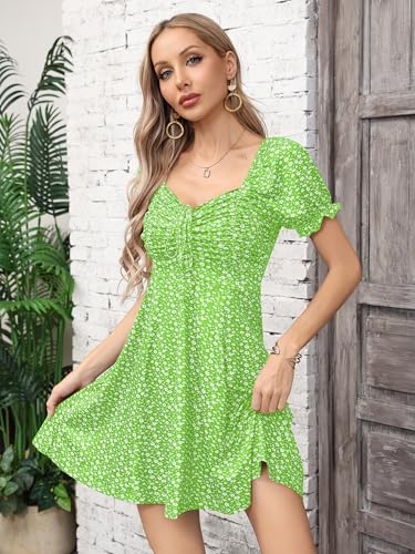 Image of Missufe Women's Puff Short Sleeve Drawstring Ruched Front Fit and Flare Floral Summer Casual Short Dress