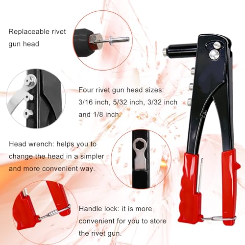 Image of Pop Rivet Gun with Pop Rivets Assortment Kit,1000PCS 21 Sizes Black Pop Rivets, Large Flange Rivets, Washers for DIY /Automotive Repairs /Furniture,Packed in Portable Toolbox