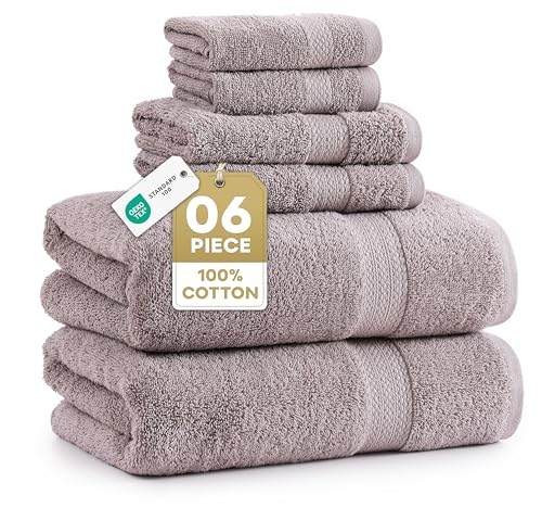 Image of LANE LINEN Towel Set Quick Dry 100% Cotton 6 Piece Soft - Platinum | Cotton Bath Towel Set - Ring-Spun Durability, Ring-Spun Cotton, Terry Weave Comfort, Long-Lasting Comfort, Hotel-Style Look