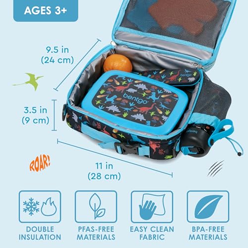 Bentgo Kids Lunch Bag - Durable, Double-Insulated Lunch Bag for Kids 3+; Holds Lunch Box, Water Bottle, & Snacks; Easy-Clean Water-Resistant Fabric & Multiple Zippered Pockets (Dinosaur)3