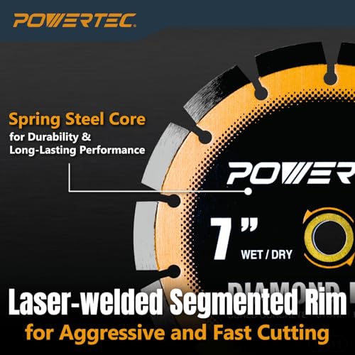 Image of POWERTEC 7 inch Laser-Welded Segmented Diamond Saw Blade for Wet Tile Saw, Diamond Blade for Cutting Cured Concrete, Block, Brick, Pavers, Masonry, 7 inch Diamond Blades for Wet /Dry Cutting, 1PK (14011)
