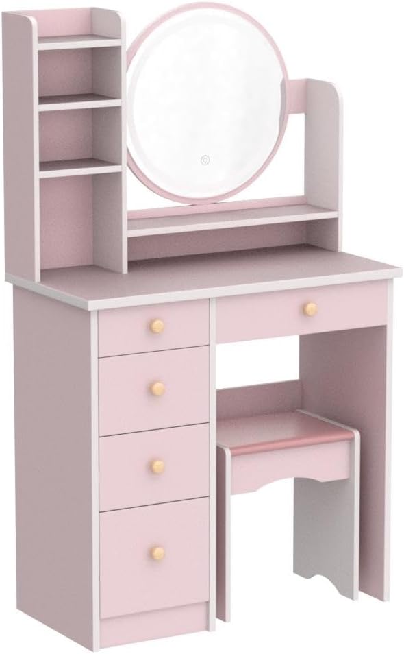 ECACAD Vanity Desk Set with LED Lighted Round Mirror, Makeup Dressing Table with 5 Drawers, Storage Shelves & Cushioned Stool for Bedroom, Pink
