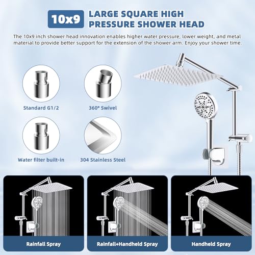 Image of Metal 10 inch Rain Shower Head with Handheld, High-Pressure Showerhead,10-Mode | Chrome, Rainfall Shower Head with 5 inch Large Handheld Spray, Adjustable 16 inch Shower Extension Arm /71 inch Hose, Brass 3-Way Diverter