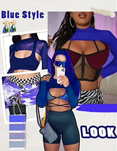 Avidlove Mesh Long Sleeve Crop Top Mock Neck Sheer Top Women Sexy Clubwear(Blue, Xxl) #TOP2
