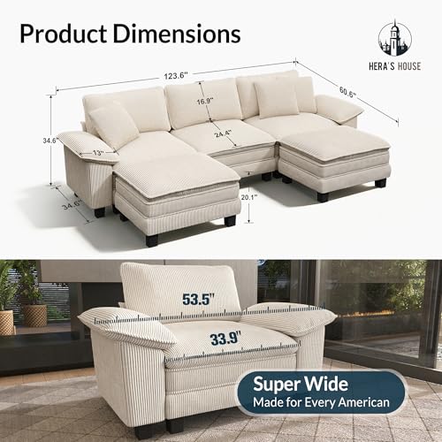 Image of HERA'S HOUSE 124 inch Oversized Modular Sectional U Shaped Sofa, Corduroy Beige | 5-Seater Living Room Couches, Wider Armrest and Deep Seat, Comfy Cloud Couch with Ottoman, Wood Sturdy Frame