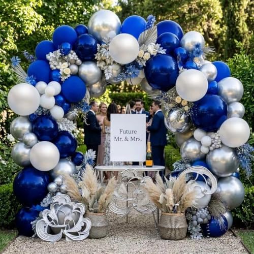 Image of Navy Blue White Balloons Royal Blue Silver Balloon Garland Arch Kit for Birthday Baby Shower Graduation Bridal Shower Business Party Decorations