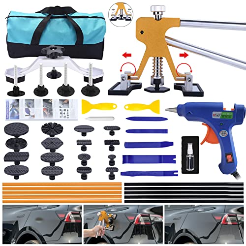 Leakind Dent Puller Kit Car Dent Removal Kit, Adjustable Width, Pops a Dent Paintless Dent Repair Tool, Golden Lifter, Bridge Puller & Glue Gun for Automobile Body Motorcycle Refrigerator
