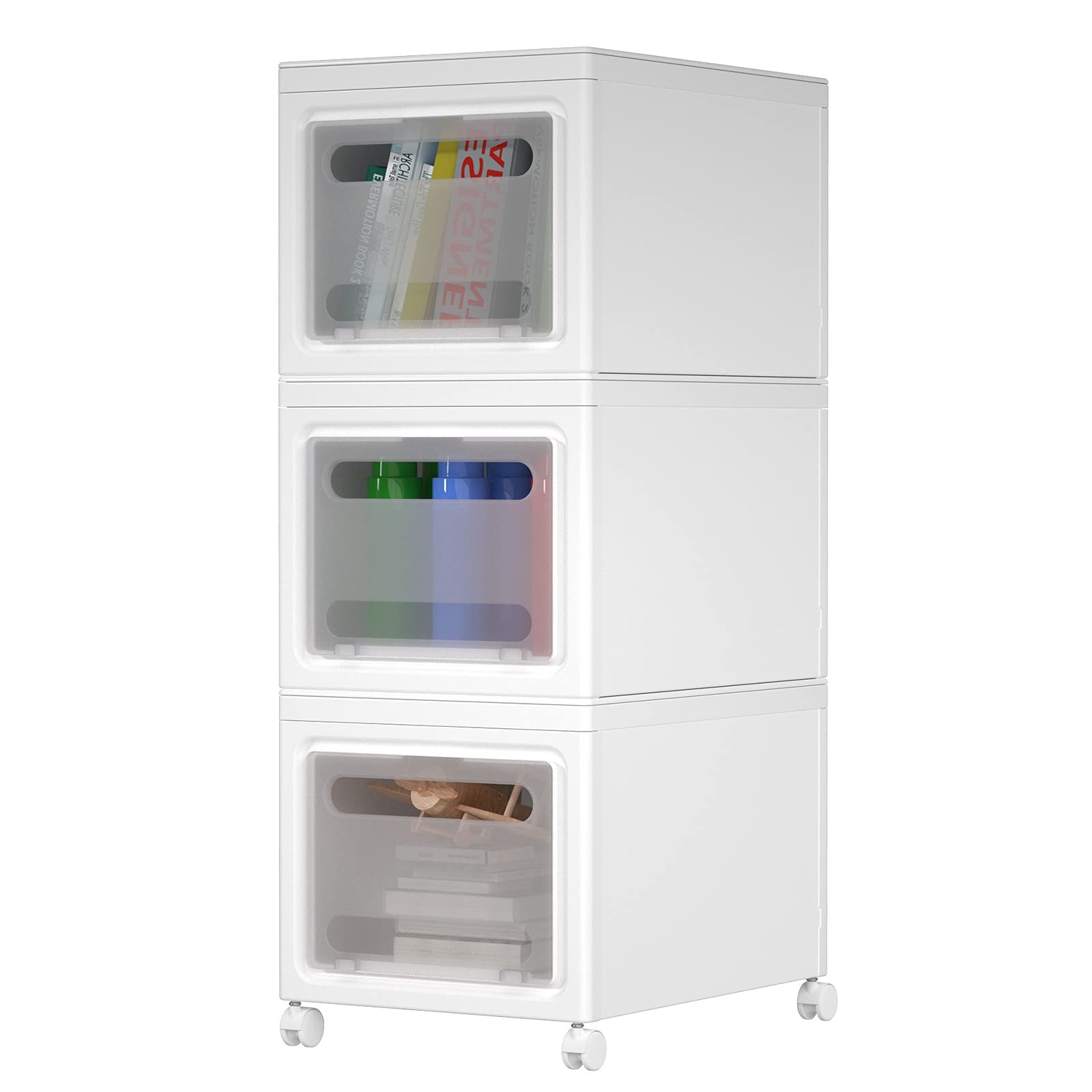 Plastic Storage Bins with Lid for Closet, Stackable Storage Containers with Wheels, Folding Storage Boxes with Doors, Collapsible Storage Organizer for Bedroom, Living Room, 3 Pack, White