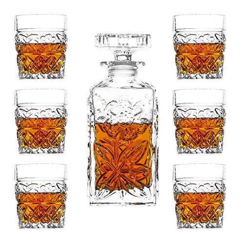 Amlong Crystal Lead-Free Curved Liquor Decanter and Glass with Gift Box, Set of 5