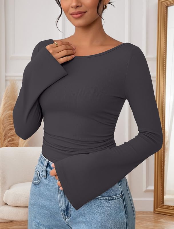 Elegancka damska koszulka z długim rękawem, dekolt w łódkę, z rękawami z dzwoneczkami, wąski top Y2K, basic, luźny sweter, slim fit, długi rękaw, jednokolorowa, z długim rękawem, na jesień