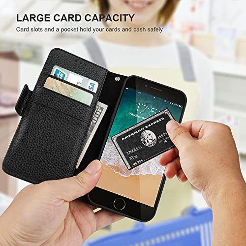 Bocasal Wallet Case For Iphone Se(2022)/Se(2020)/8/7, Genuine Leather Support Wireless Charging Rfid Blocking Flip Case Card Holder, Kickstand Folio Cover With Wrist Strap 4.7 Inch (Black) #TOP3
