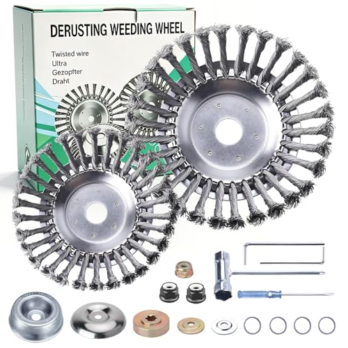 2 Stück Unkrautbürste für Freischneider Wildkrautbürste für Motorsense Drahtbürste Freischneider Edelstahl Bürste inkl Montagezubehör-Set 25 4 mm Bohrung Für Effektiven Moos- & Unkrautentfernung