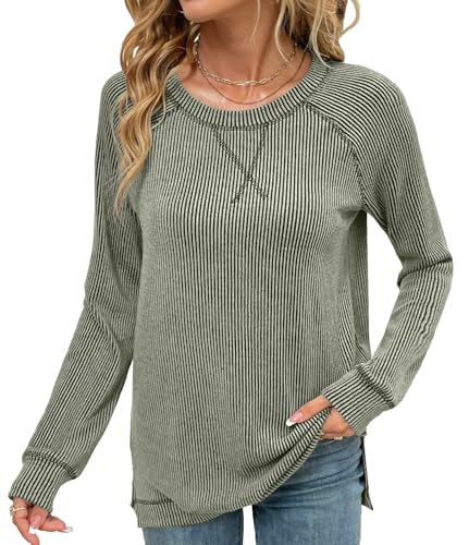 levaca Womens Ribbed Long Sleeve Shirts Loose Fit Exposed Seam Fall Tunics Tops to Wear With Leggings