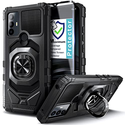 Nznd Case For Tcl 30 Se With Tempered Glass Screen Protector (Maximum Coverage), Full-Body Protective [Military-Grade], Magnetic Car Ring Holder, Heavy-Duty Durable Cover Case (Black) #TOP5