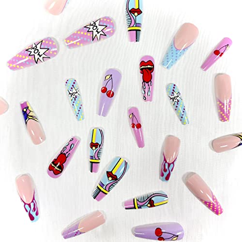 Long Press On Nails Coffin Fake Nails With Multicolour Graffiti Design Premium Artificial Nail Set Acrylic Glue On False Nail Stick On Nails For Women Gifts Reusable Full Cover Gel Nails-24Pcs #TOP3