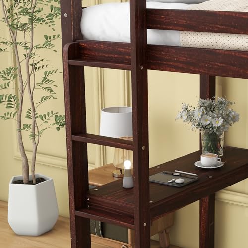 Twin-Loft-Pine-Wood-Bed-with-Built-in-Desk-Safety-Guardrails-LadderEspresso Twin Loft Pine Wood Bed with Built in Desk Safety Guardrails LadderEspresso
