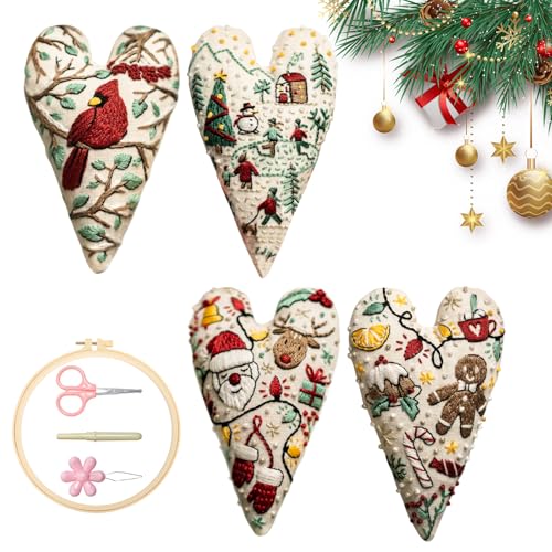 Pnylqo 4PCS DIY Heart Shaped Hand Embroidered Christmas Ornament Kit,