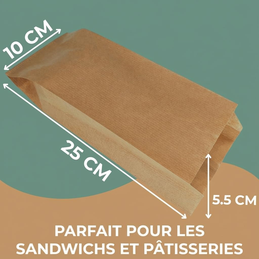 1000 Lot Sac Papier Kraft - Sachet Kraft Alimentaire, Sandwich - Emballage Alimentaire Boulangerie, Patisserie, Bonbon, Café - Sachet Papier Kraft Marron 10 x 5,5 x 25 cm