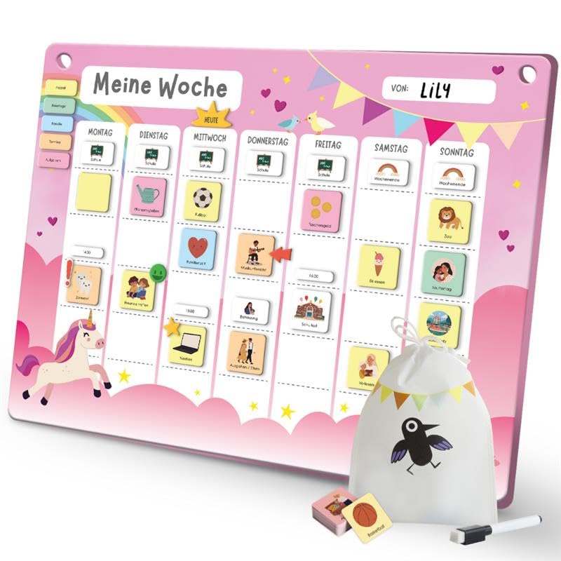 Rabano Art Wochenplaner für Kinder - [200 Magnete - ABWISCHBAR] - ADHS Hilfsmittel, System für Verantwortung und Selbständigkeit, Routine Montessori Magnettafel zur Wochenplanung, 'Einhorn'