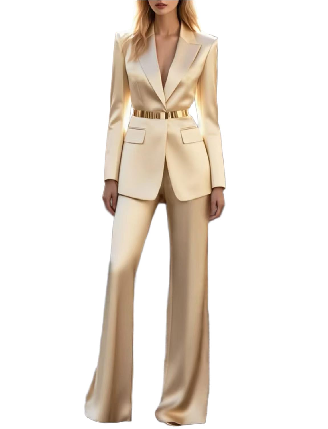 Womens Satin Suit Peak Lapel Two Pieces Jacket Pants Formal Dinner Tuxedos No Belt
