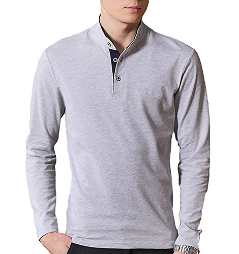Mens Casual Slim Fit Pure Color Long Sleeves Henley T-Shirts Cotton Shirts(Grey-M)