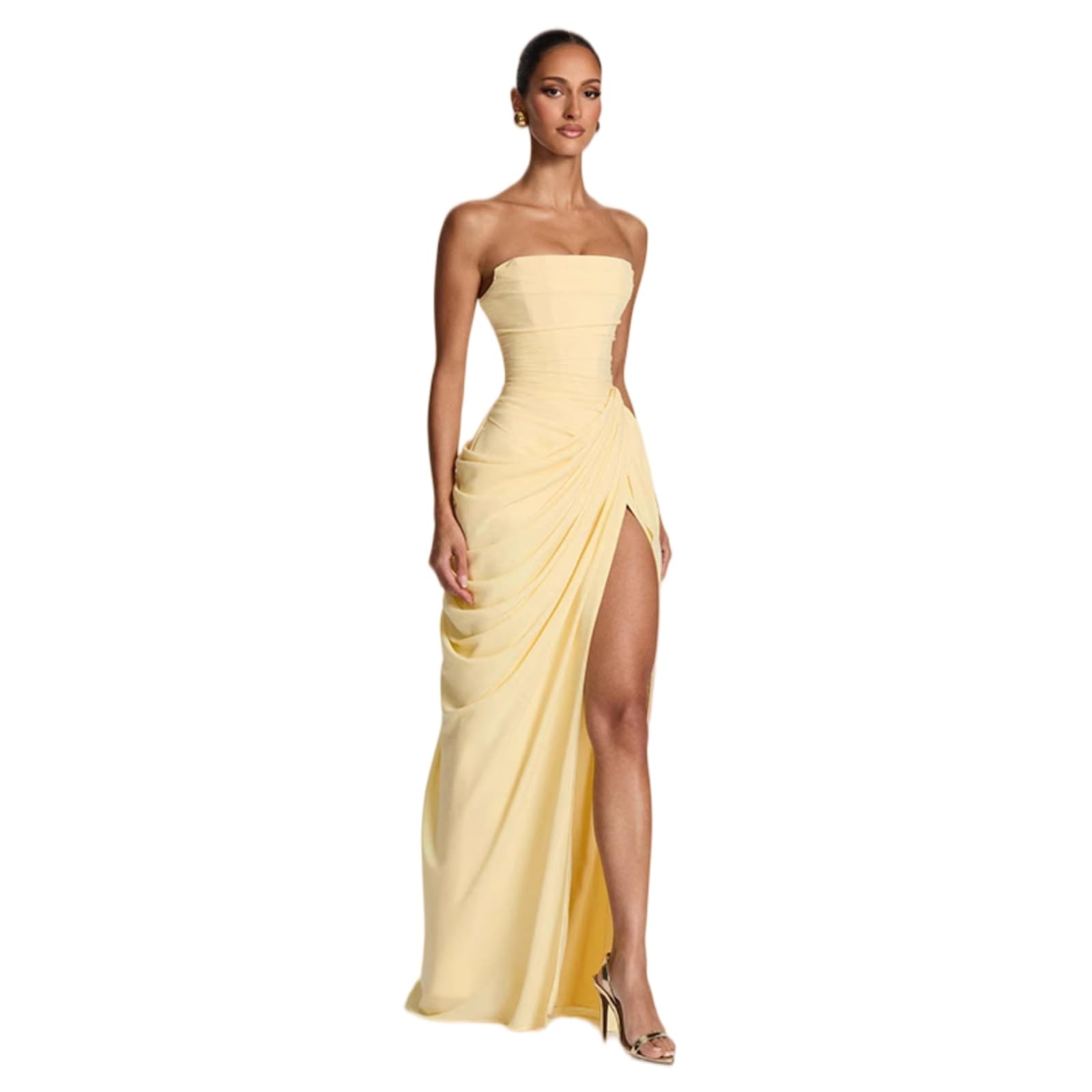 Vestito Elegante Abito da Festa Senza Cinturine Donna - Split Maniche Piegato in Vita per La Primavera, Sera E Gli Eventi Speciali-Yellow-s