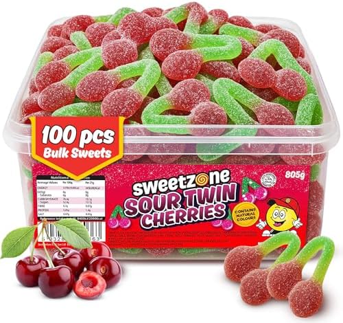 Sweetzone Sour Twin Cherries 800g 100pcs, Halal Cherry Jelly Sweets Tub