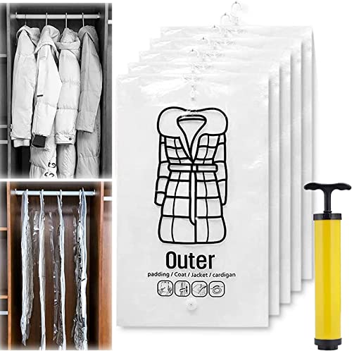 2023 Hanging Vacuum Bags for Clothes, Space Saving, Reusable Coat Vacuum Storage Bag for Hanging Closet, Jackets, Clothes, Comes with Air Pump (5 Pieces, L)