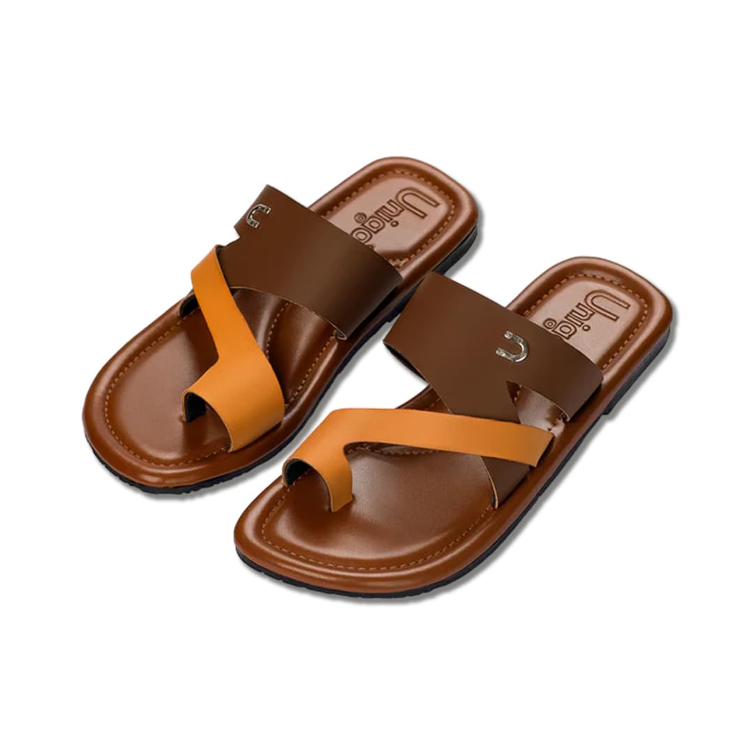 Unigo Stylish Chappal For Men | Lightweight and Comfortable Slippers for Men | Vegan Leather Chappal, Flip Flops For Everyday Wear | Soft & Durable Footwear | Mens Casual Sleeper | Size-9 | Nalay, Tan (B0D4R774TH) Amazon Price History, Amazon Price Tracker