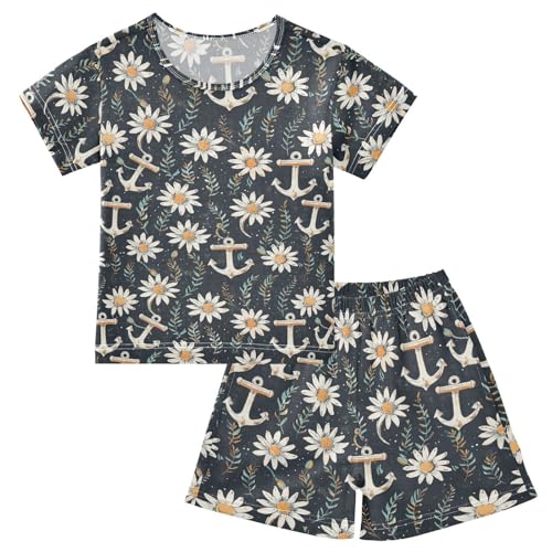 ALAZA Daisy Flowers Anchor Pajama Set Short Sleeve Sleepwear Soft Lounge Nightwear