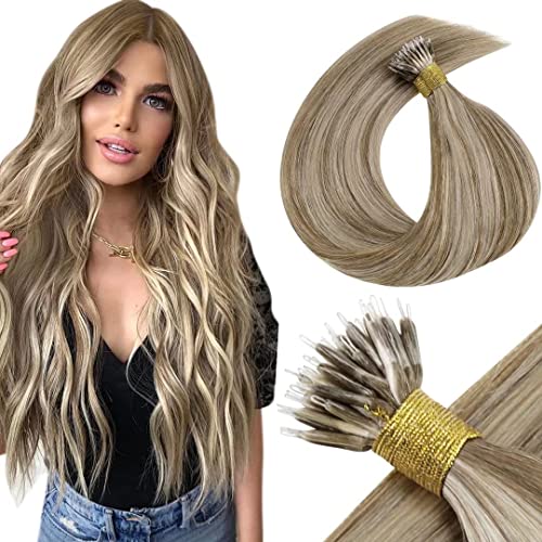 [Hot Sale]LaaVoo 16" Balayage Nano Ring Hair Color Ash Brown Fading to Golden Blonde Keratin Pre Bonded Human Hair Extensions 1g/s 50g