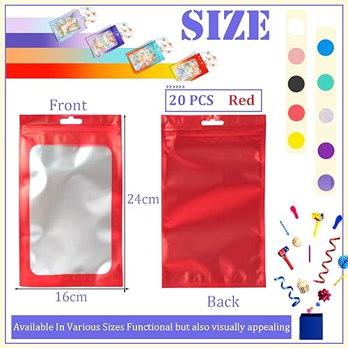 YAAVAAW Red Foil Ziplock Bags Medium Smell Proof Bag Mylar Holographic Packaging Bags, 20pcs 16x24cm Resealable Storage Pouches Grip Seal Clear Plastic for Food Storage, Jewelry, Electronics