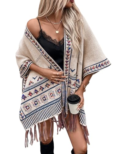 ebossy Women's Boho Open Front Poncho Sweaters Elegant Tassels Embroidery Wool Blend Cape Cardigan Coat (Free Size, Apricot)