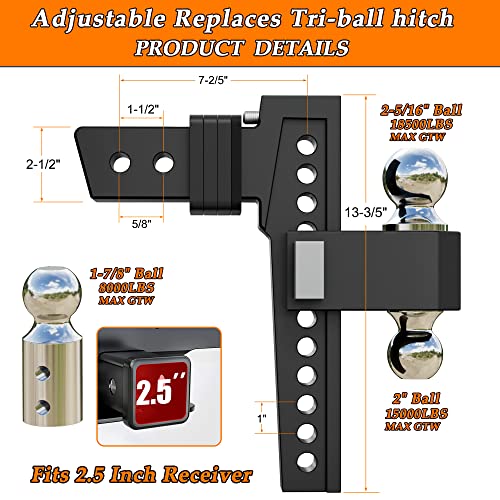 Vnn Adjustable Trailer Hitch, Tri-Ball (1-7/8", 2", 2-5/16"), Fits 2.5-Inch Receiver, 10 Inch Cushion Drop Hitch,18500 Lbs Gtw-Drop Hitch For Heavy Duty Truck, Solid Ball Mount, Black #TOP2