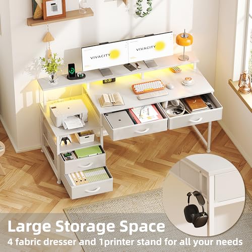 Image of MUTUN 53 inch Computer Desk with 4 Drawers & Power Outlets, Reversible Home Office Desk with Monitor Stand & Printer Stand, Gaming Desk with Led Lights, Study Writing Work Desk Table for Bedroom (White)