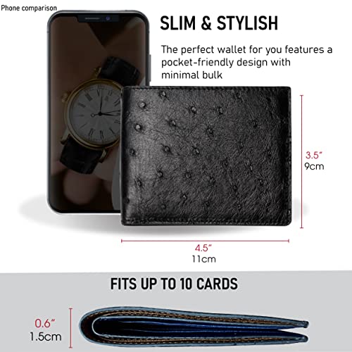 Image of HATA Black Blue Ostrich Leather Bifold Wallet for Men, Double-Sided Ostrich Billfold with RFID Blocking, Handmade Leather Wallet Gift for Birthday, Anniversary, Father's Day VINAMOS-14