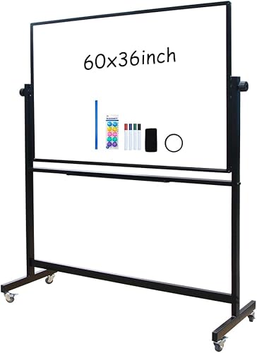 XIWODE Pizarra magnética móvil de doble cara, pizarra de limpieza en seco con soporte, pizarra blanca portátil con ruedas, marco de aluminio negro,