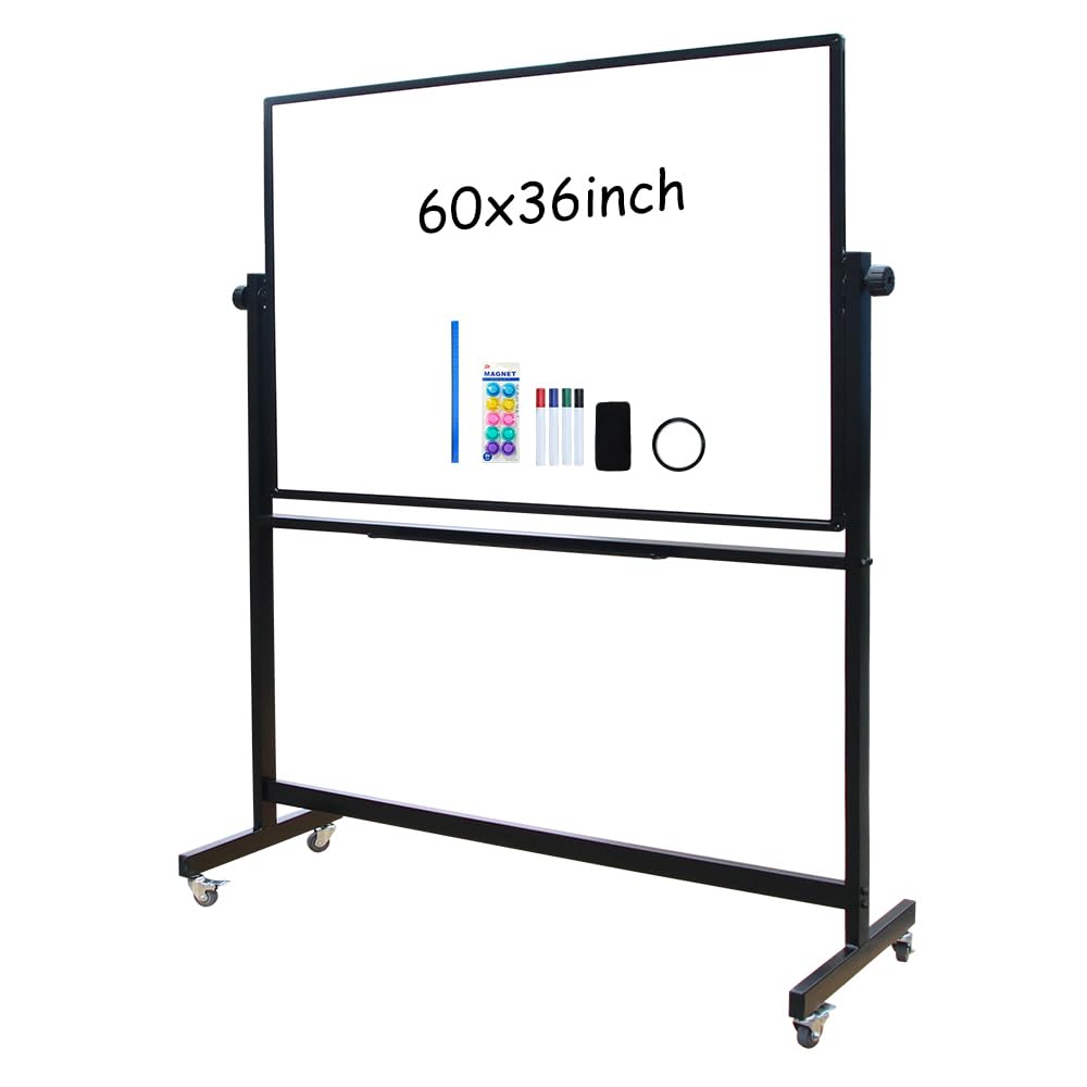 XIWODE 36x60 Large Magnetic Dry Erase Whiteboard with Stand - Double-Sided Freestanding Rolling Board, Flippable Design for Writing & Display, Black