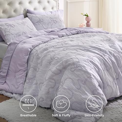 Bedsure Full Size Comforter Set, Light Purple Boho Tufted Bed Set, 3D Puffy Jacquard Bedding Full Size, 3 Pieces, 1 Farmhouse Shabby Chic Embroidery Comforter with Bow Pattern & 2 Pillow Cases