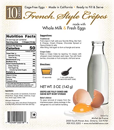 Michel De France All Natural Crepes - No Preservatives, Ready to Eat - 5 OZ Crepes Perfect with Jam, Berries Create Mille Crepes Cake - 10 Pieces Per Pack (1 Pack)