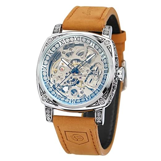 FORSINING Relógio de pulso masculino vintage esqueleto automático movimento mecânico número romano com pulseira de couro genuíno, Prata, Clássico