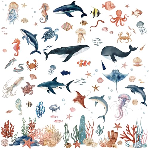 Calcomanías de pared de animales oceánicos acuarela x9 hojas miniatura 6