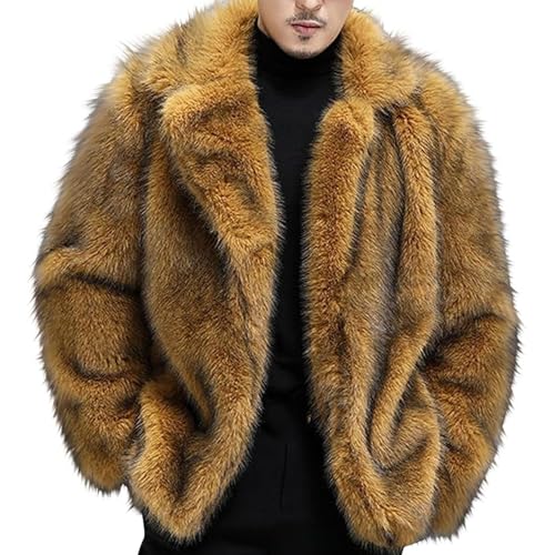 Men Mid Long Open Front Faux Fur Coat Notched Lapel Cozy Faux Mink Jacket Winter Casual Business Warm Overcoat