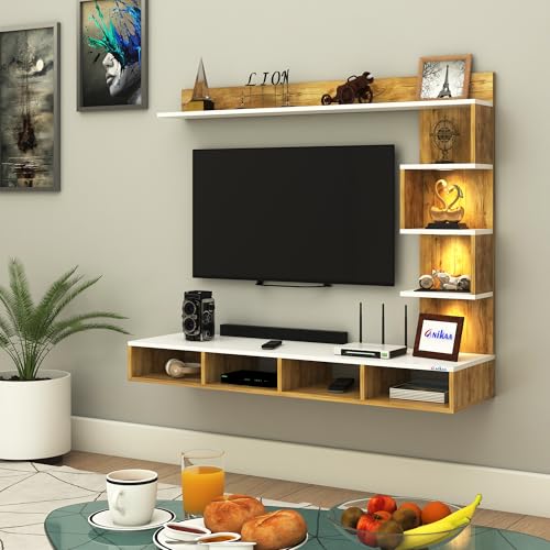 Image of Anikaa Laura Engineered Wood Wall Mount TV Unit LED Light TV Cabinet Wall TV Stand - (Giantwood /White) (Ideal for 43 Inch)(D.I.Y)