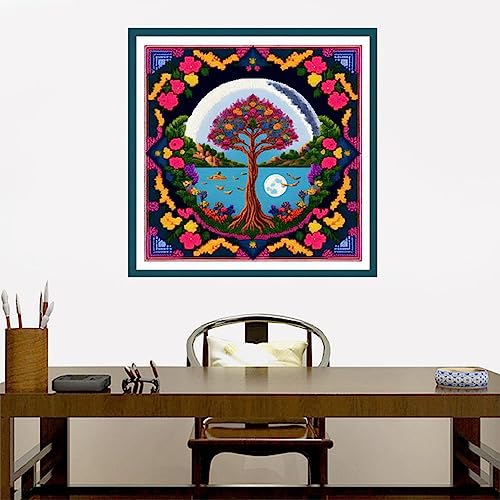 Image of Joyhoor Cross Stitch Kits for Beginners Stamped Cross-Stitch Supplies Needlework preprint Embroidery Kits for Adults DIY Needlepoint Kits Embroidery Patterns 11CT-Magic Tree 17.7x17.7 inch