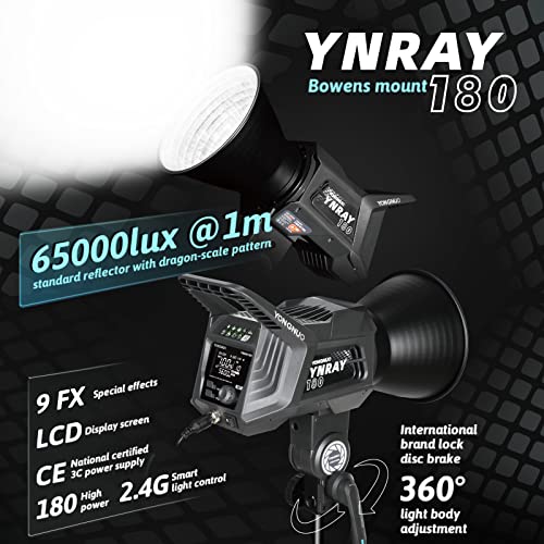 Image of Yongnuo YNRAY180 LED Video Light, 180W 5600K COB Lamp Bead Bowen Mount CRI 96+ TLCI 98+ 65000LUX@1m 2.4G Wireless Remote Control 256 Channels for Video Recording, Wedding, Outdoor Shooting